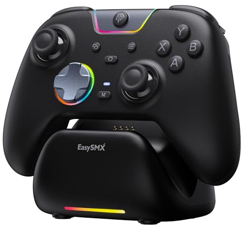 EasySMX X05Pro Mando PC Inalámbrico con Base, 1000Hz, Joysticks Hall, Botones Silenciosos, Gatillos de 2 Etapas, D-Pad 8 Direcciones, 1000mAh, 2 Botones Programables, PC/Switch/Android/iOS – Negro.