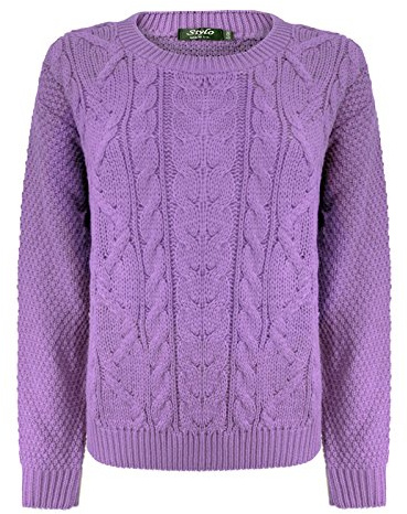 TOP VENDOR Ladies Cable Knitted Crew Round Neck Long Sleeve Womens Jumper Sweater Size 8-14 [Lavender,LXL]