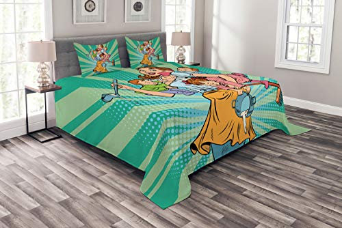 ABAKUHAUS Ruf Mama Tagesdecke Set, Haus Chor Kinder Pop-Art, Set mit Kissenbezügen Kein verblassen, für Doppelbetten 220 x 220 cm, Mehrfarbig