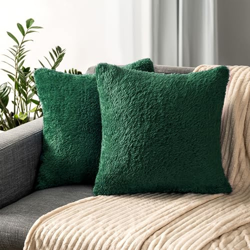 PAVILIA Flauschige Smaragdgrüne Wurfkissenbezüge, dekorative Akzent-Kissenbezüge für Bett, Sofa, Couch, weicher Kunstfell-Kissenbezug, quadratischer Sherpa-Kissenbezug, Heimdekoration, Grün, 20 x 20