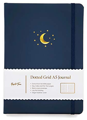 Yop & Tom Notizbuch mit Punkteraster, A5, Mond und Sterne, mit extra dickem Papier, 160 g/m², Journal mit Rasterlinien, Mitternachtsblau