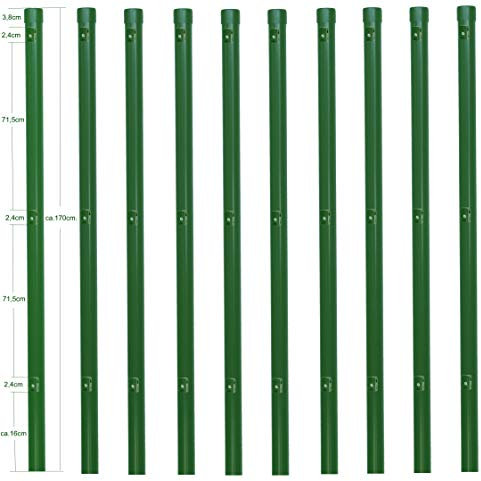10 Zaunpfosten Ø 34 mm Zaunpfahl 1700mm lang als Pfosten für 1,5m hohen Metallzaun aus Maschendraht in grün RAL 6005. Zaunpfahl mit 3 Halter für Spanndraht und Pfosten Kappe.…