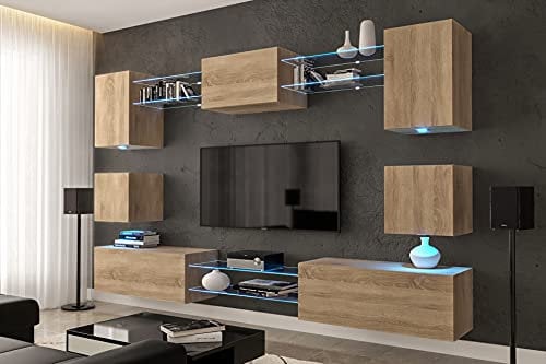 Furnitech Wohnwand Wohnzimmer | Wohnzimmer Möbel mit LED RGB - 16 Farben | Hängend Wohnwand Modern | Wohnzimmer Schrankwand mit Regale und TV Schrank (Nowara AN1-17S-M3-1A-NEW)