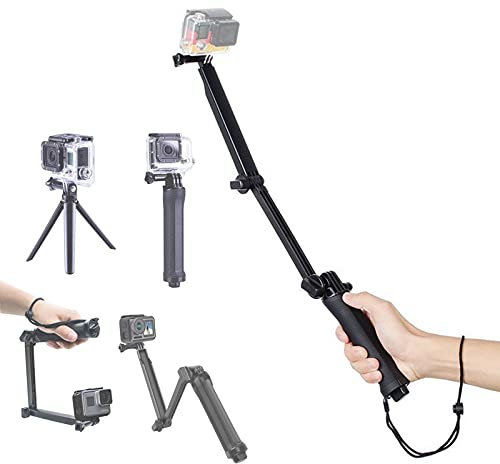 Foldable Selfie Stick with Tripod for Gopro, 3-Section Detachable Adjustable Folding Selfie Stick, All in One Mini Tripod Extension Rod Monopod Suitable for Gopro8/7/9, for Xiaoyi Sports Camera