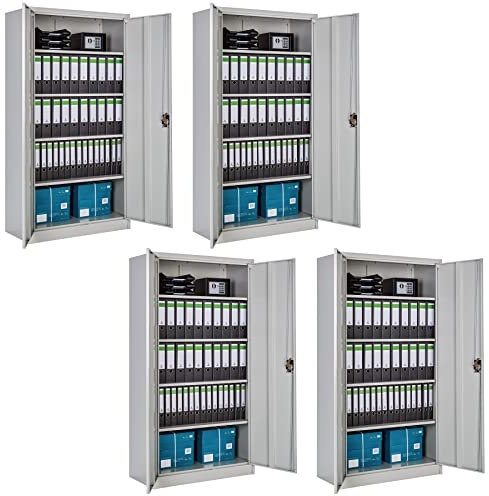 tectake® 4er Set Aktenschrank abschließbar, Stahl Büroschrank mit Fächern, höhenverstellbaren Einlageböden, 180 x 90 x 40 cm, für Office, Werkstatteinrichtung, Möbel für Arbeitszimmer - grau