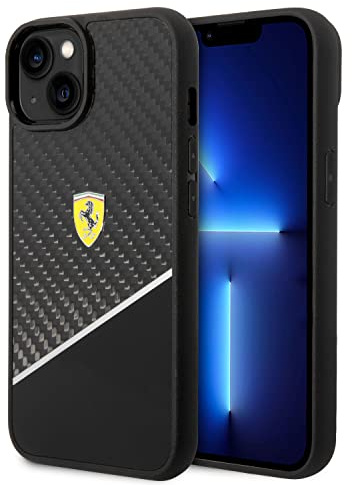 Ferrari Schutzhülle für iPhone 14 Plus, Schwarz/Silber, Bi-Material, Carbon & Polycarbonat, langlebig & kratzfest mit einfachem Snap-on, Stoßdämpfung & Signatur-Logo