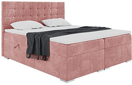 MEBLINI Boxspringbett mit Bettkasten - Gepolstert Doppelbett mit Matratze und Topper - Polsterbett mit Stauraum - Bett mit Kopfteil - Stauraumbett - Claudia - 140x200 - H4/Rosa Samt