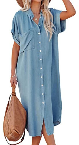 CUPSHE Dress for Women Bell Sleeve Button Down Dress Short Sleeve V Neck Casual Long Shirt Dresses Blue L
