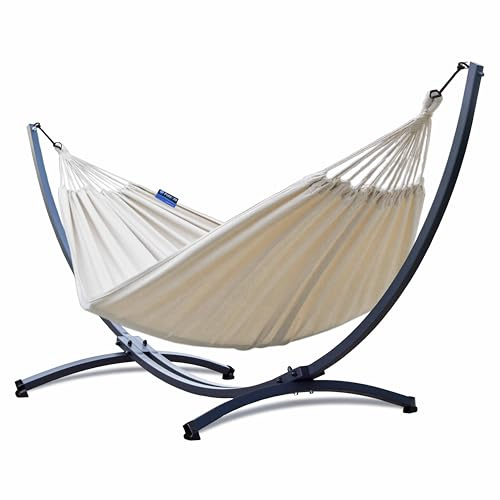 Potenza Hamac sur Pied en Acier Sablé & Laqué | pour 2 Personnes | 220x160 cm | 220 kg | Testé jusqu'à 350 kg | Support Hamac | Fabriqué en UE | Ecru
