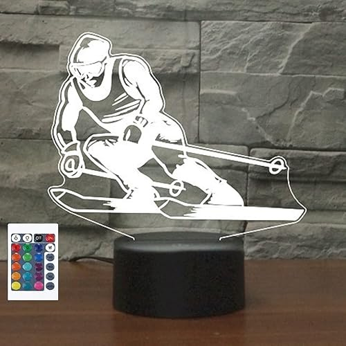SUPERRUIDALONG 3D Skifahren Fernbedienung 16 Farben Nachtlichter Illusion Acryl LED Tisch Nachttisch Lampe Kinder Schlafzimmer Schreibtisch Dekor Geburtstag Geschenke Spielzeug für Kinder