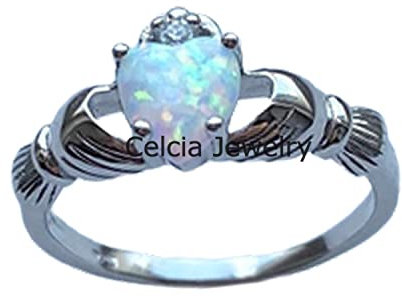 Natürlicher weißer Labrador-Opal-Herz-Claddagh-Ring, CZ-Ring, irischer Ring, Liebesring, Solitärring, minimalistischer Ring, Muttertagsring, einzigartiger Oktober-Geburtssteinring