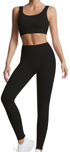 dohomiryo Damen Sportanzüge Jogginganzug Sport Sets 2 Teilig Workout Outfit Set Sport Crop Top+Hohe Taille Yoga Leggings Yoga Outfit Freizeitanzug Sportswear Schwarz M