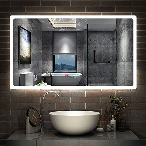 Bathroom Wall Mirror with 3 LED Lights, Bluetooth Speakers 1000x600 MM Illuminated Wall Mounted Bathroom Mirrors Vanity Mirror Dimmable Switch 3 Colors and Demister Pad IP44 Rated, Horizontal