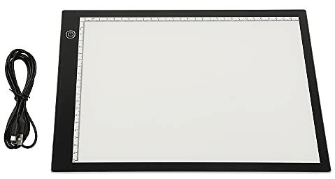 OHMG 4mm Tablette lumineuse A5 dessin,Table lumineuse ultra-mince à luminosité réglable,LED Planche à dessin à la main,Tableau de copie diamond painting avec câble USB pour Le Dessin Avec échelle