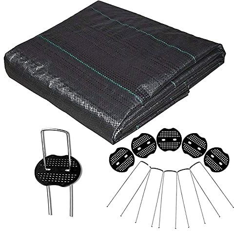 Unkrautmembran, 2 m x 5 m Unkrautvlies, Bodendecker-Membran, Landschaftsbau, 25 verzinkte Heringe + 25 Puffer