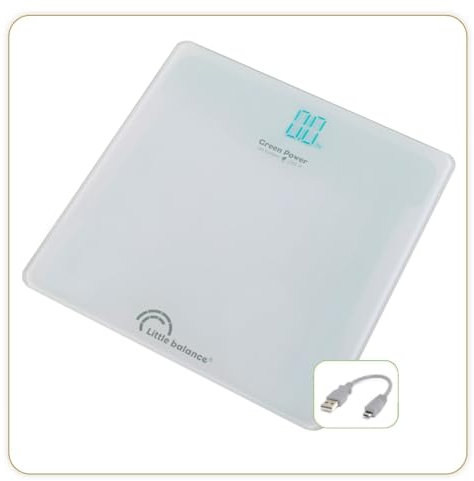 LITTLE BALANCE 8656 Blue Tech USB-R, Personenwaage ohne Batterie, wiederaufladbar, USB, reparierbar, 200 kg, weiß