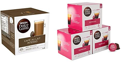 Nescafé Dolce Gusto Café au Lait Intenso et Espresso - 96 Capsules (6 Boîtes x 16) & 90 Capsules (3 Boîtes XL x 30)
