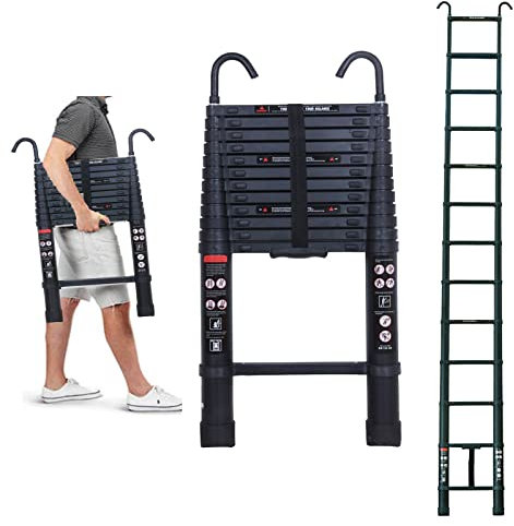 Telescopic Ladder 12 FT Aluminum Collapsible Ladder with 2.8 Detachable Ladder Hooks, Extendable Ladders for Outdoor Indoor Use, Multi-Purpose Ladder for Household Daily or Hobbies, 330 lbs Capacity