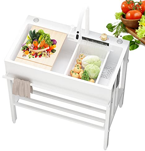 Küchenspüle Freistehende Edelstahl Spültisch Gastro 1 Becken mit Wasserhahn Ausziehbar Nano Raindance Wasserfall Spüle Küche Große Spülbecken Waschbecken Einzelspülbecken mit Zubehör ( Color : Wit , S