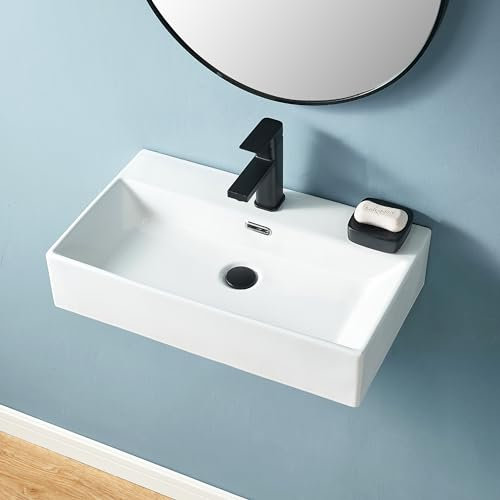 KINGO HOME - Lavello da bagno con montaggio a parete, 61 cm, autoportante, rettangolare, in porcellana bianca, con foro per rubinetto e troppopieno
