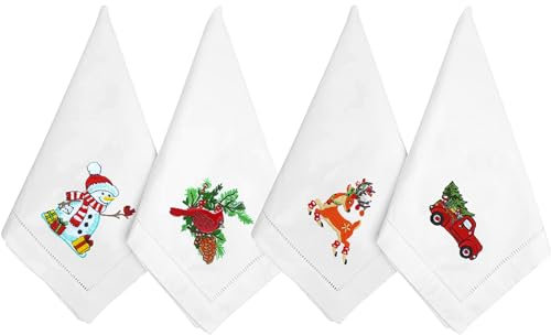 HCRAFT Bestickte Baumwoll-Tischservietten, Stoffservietten, 45,7 x 45,7 cm, gemischt, Weihnachten mit Tieren, quadratischer Stoff, Esszimmer, Servietten, Stoff, maschinenwaschbar,