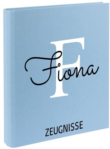 Zeugnismappe mit Namen personalisiert aus Leinen Schulkind Geschenk zur Einschulung Hellblau Motiv Buchstabe