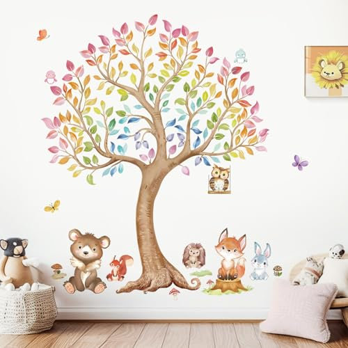 wondever Wandtattoo Kinderzimmer Baum Groß Tiere Wandaufkleber Waldtiere Fuchs Eule Eichhörnchen Wandsticker Wanddeko für Babyzimmer Kinderzimmer Schlafzimmer