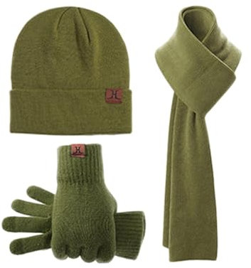 Winter Warm Lang Schal Beanie Mütze Touchscreen Handschuhe Set für Damen Herren Thermo Gestrickte Wintermütze Winterschal Handschuhe Kombiset Winterhandschuhe Strickmütze Winterset (Grün, OneSize)