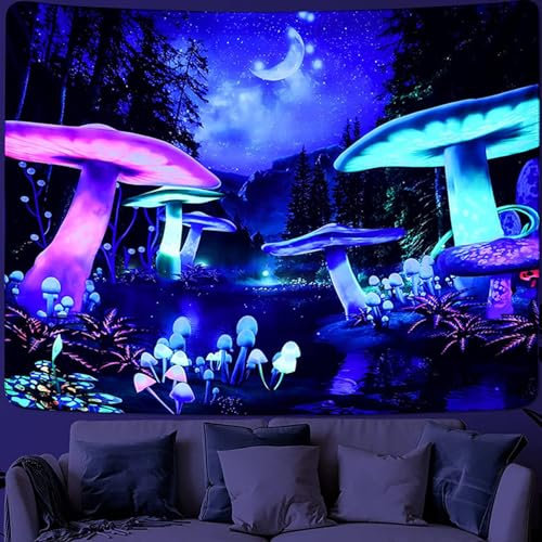 Tokusyou Pilz Wandteppich Schwarzlicht UV Reaktive Galaxien Mond Psychedelic Wald Tapisserie Wandtuch Pflanze Landschaft Tapestry Wandbehang Dekoration für Schlafzimmer Wohnzimmer, 150x210cm