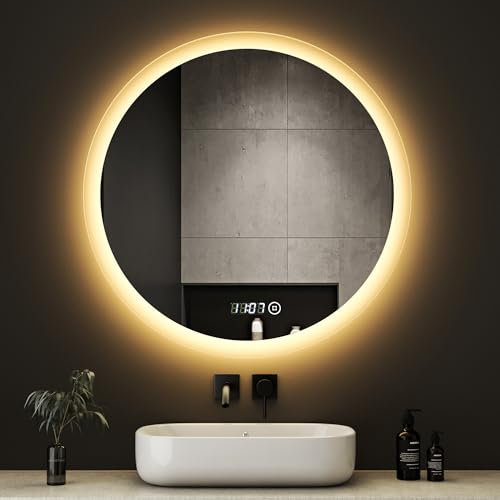 Boromal Badspiegel Rund 60x60cm Badspiegel mit Beleuchtung und Uhr LED Spiegel mit Uhr 3000K-6500K 1810LM Runder Badezimmerspiegel mit Beleuchtung Wandspiegel Rund mit 3 Lichtfarbe Dimmbar + Uhr