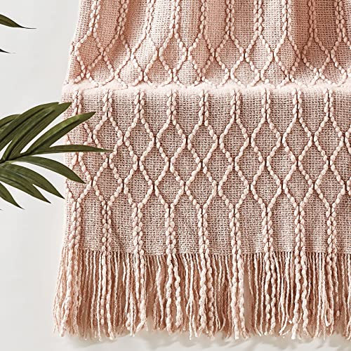 KASYLAN 100% Acrylic Knitted Throw Blanket Textured Solid Soft Decorative Throw for Sofa, Couch, Bed,127x152cm,Pink