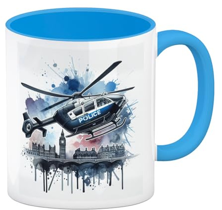 Polizeihubschrauber Kaffeebecher in hellblau Big Ben Design Londoner Polizei-Einsatz Motiv Police Hubschrauber Tasse für Fans von Polizeieinsätzen