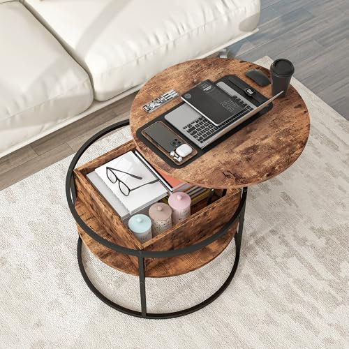HOJINLINERO Runder Couchtisch mit Hebeplatte und Verstecktem Stauraum - Schwarzer Holz-Mitteltisch für Wohnzimmer, Moderne Dekoration