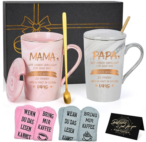 Joymaking Juego de taza de café con calcetín, taza regalo para mamá y papá para el Día de la Madre Día del Padre Navidad, taza con texto en alemán Wir haben versucht - Geschenkidee für Eltern 400ml