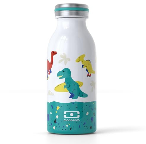 MONBENTO – Bouteille Isotherme Enfant MB Cooly bleu Dino - Gourde Enfant Inox pour Ecole, Pique-nique, Randonnées - Gourde isotherme Enfant 350 ml Boissons Chaudes/Froides - Sans BPA - Dinosaure