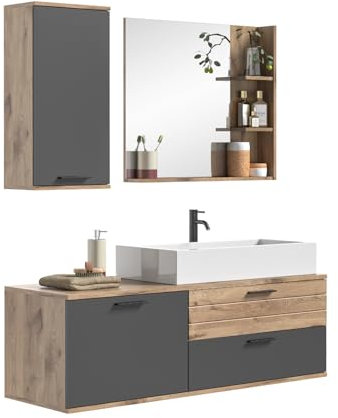 Inn.Furn Badmöbel Set 4-teilig Nox Eiche und Basalt grau Badkombination hängend MIT Waschbecken 140 cm Tomaso (Set2)