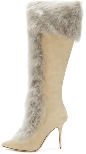 BHGLUZGBY Stivali al Ginocchio da Donna Tacchi Alti Scarpe Invernali in Pelliccia di Coniglio Scamosciata Tacchi a Punta da 10 a 13 Cm Cerniera Laterale Carina Dolce e Versatile,Beige,36