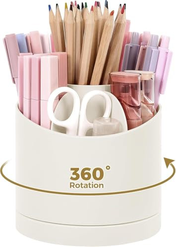 SKYDUE Schreibtisch Organizer, 360 Grad Stiftehalter Drehbar, Stifte Organizer Mit Fächern, Stiftehalter Schreibtisch Für Büro, Schule, Zuhause(Weiß)