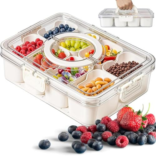Bandeja Dividida para Aperitivos con Tapa y Asa - Caja de Snacks con 8 Compartimentos Extraíbles para Caramelos, Frutos Secos, Galletas, Frutas y Dulces - Ideal para Picnics y Reuniones Familiares