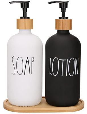 Hniuyun Bathroom Soap Dispenser Set, Glass Soap Dispenser with Bamboo Pump & Tray, 16 Oz Refillable Liquid Dispenser Set for Bathroom, Countertop, Kitchen, Laundry Room (Sl Black & White)