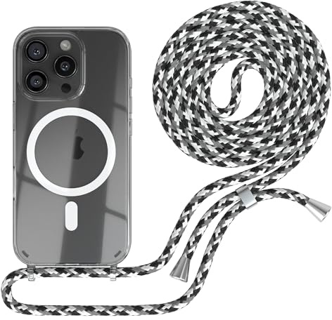 EAZY CASE - Handykette kompatibel mit iPhone 16 Pro Kette zum Umhängen Stoßfest Handyhülle für Apple iPhone 16 Pro Silikon Hülle mit Band Handytasche Transparent als Fallschutz in Schwarz Camouflage