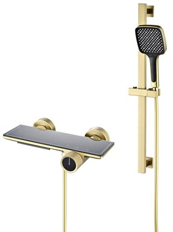Badewannenarmatur mit Handbrause, Gold Wannenarmatur Wasserfall mit Messing Mischbatterie, Anhebbare Duschstange, Wannenbatterie Wandmontage Gibt 3 Wasserab