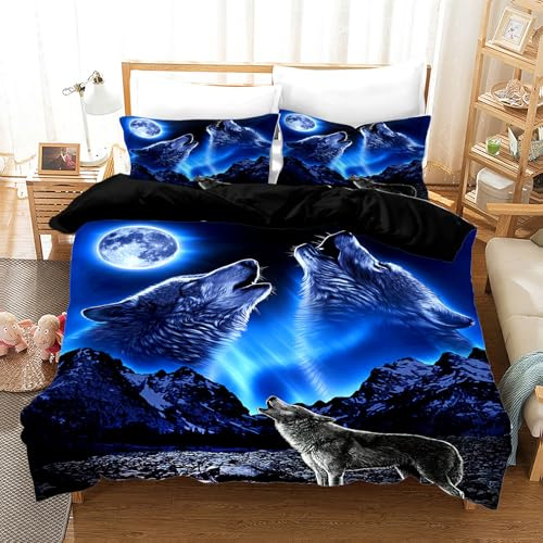 UGZDEA Wolf Bedding Set 200x200cm, 3D Animal Series Wolves Rose Print, Soft Microfibre Quilted Bedding Set for Adult Bedroom Decoration (A, 3 Pieces)