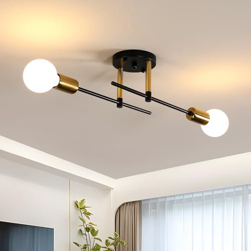 Osairous Deckenlampe Wohnzimmer Industrial, 2 Flammig Deckenleuchte, Deckenlampe Sputnik Schwarz Gold Kronleuchter, E27 Schlafzimmerlampe Hängelampe Ø38cm