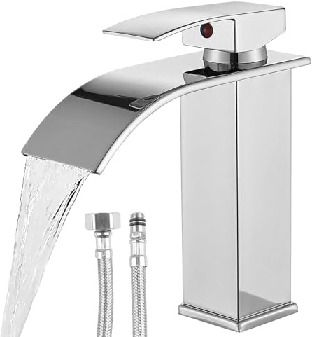WIYETY Touch-On Wasserhahn Bad Silber - Wasserfall Waschtischarmatur mit Einhebelmischer | 60cm Edelstahlschlauch | Mischbatterie für Bad & Gäste-WC | Waschtischarmatur | Mischbatterie
