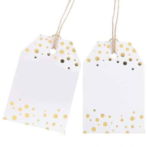 Grevosea Lot de 100 étiquettes cadeaux avec ficelle attachée, cadre doré cadeau, étiquettes en papier blanc pour anniversaire, mariage, fête prénatale