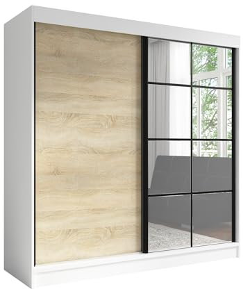 A&J MöbelLand Schwebetürenschrank TAVIRO Kleiderschrank 3-türig mit Schubladen, und Spiegel, Garderobe 200 cm (Weiß | Sonoma)