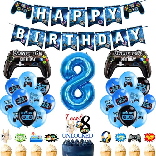 8th Birthday Decorations Video Game - 33 Pcs Blue Gaming Party Decoration Number 8 Foil Balloon Controller Balloons Level Up Cupcake Toppers Happy Birthday Banner for Gamer Boys Birthday Supplies