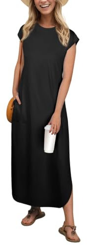 PrinStory Women's Maxi Dress With Pockets Cap Sleeves Summer Dresses For Ladies Casual Lightweight Sundress Beach Party Office Wear (Black,L)