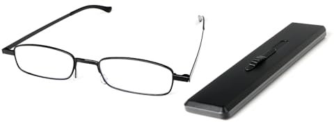 MMOWW Ultra thin Reading Glasses Metal Lightweight for Men Women, Blue Light Blocking Compact Computer Glasses Portable Unique Stretchable Slim Flat case Black +2.0
